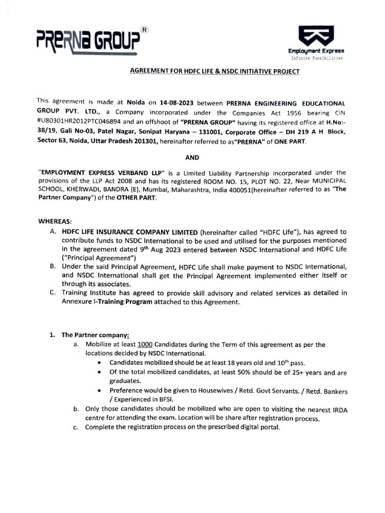 Agreement — Employment Express Verband LLP & Prerna Engineering Educational Group Pvt. Ltd. (HDFC Life & NSDC Initiative Project)
