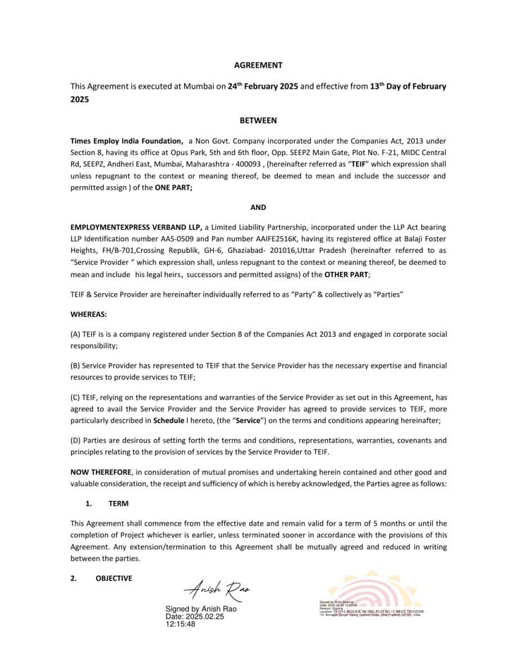 Agreement — Times Employ India Foundation (TEIF) & Employment Express Verband LLP