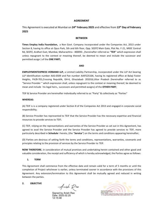 Agreement — Times Employ India Foundation (TEIF) & Employmentexpress Verband LLP