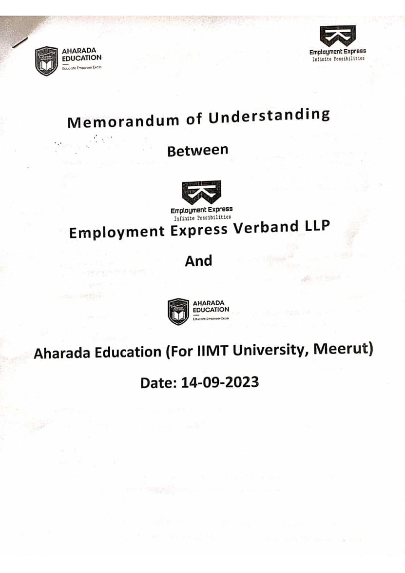 MOU — Employment Express Verband LLP (InternBoot) & Aharada Education (For IIMT University, Meerut)