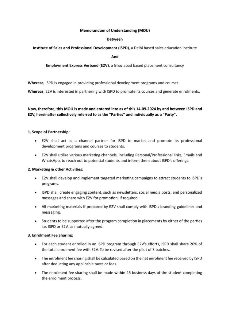 MOU — Institute of Sales and Professional Development (ISPD) & Employment Express Verband (E2V)