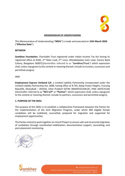 MOU — Sambhav Foundation & Employment Express Verband LLP (EEV LLP)