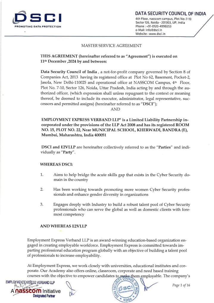 MoU — Data Security Council of India (DSCI) & Employment Express Verband LLP (E2VLLP)